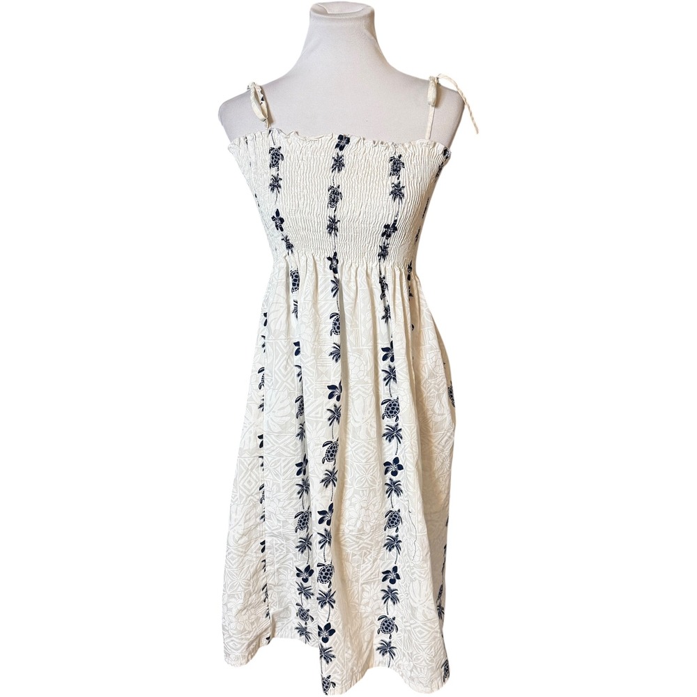 Hawaii Station Designs Midi Dress Womens S Cream‎ Navy Blue Sea Turtle Palm Tree